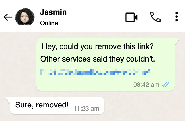 Customer support chat with Jasmin showing successful link removal