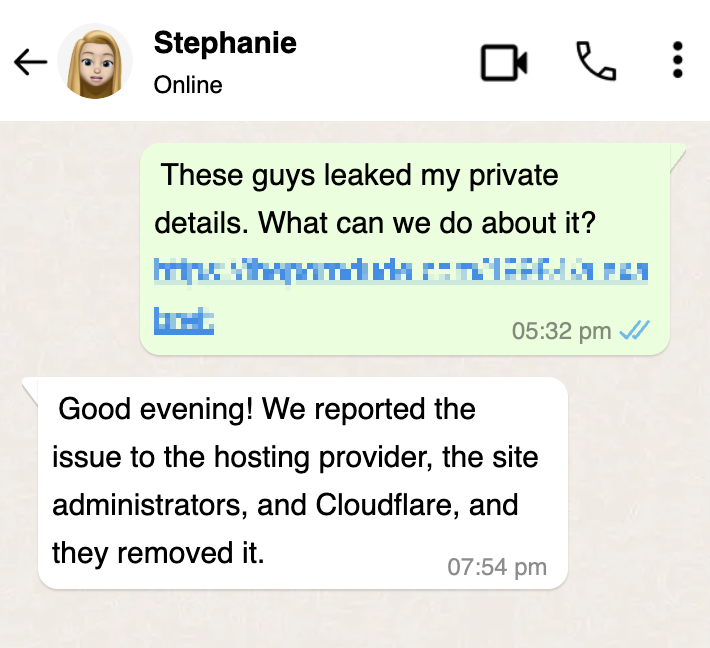 Customer support chat with Stephanie showing comprehensive takedown action
